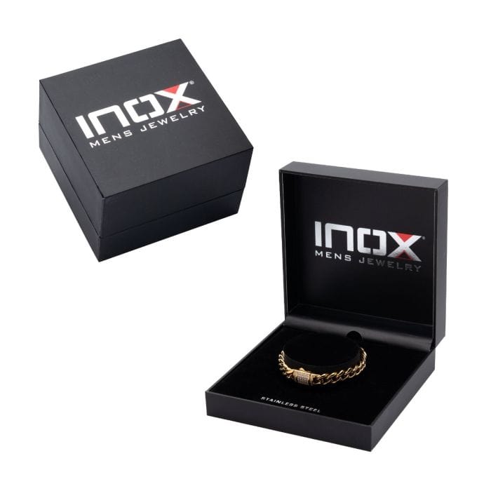 INOX JEWELRY Bracelets Lab Grown Diamond 18K Gold Ion Plated Stainless Steel 12mm Miami Cuban Chain Bracelet with Double Tab Box Clasp