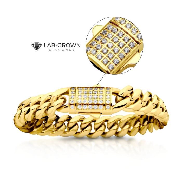 INOX JEWELRY Bracelets Lab Grown Diamond 18K Gold Ion Plated Stainless Steel 12mm Miami Cuban Chain Bracelet with Double Tab Box Clasp