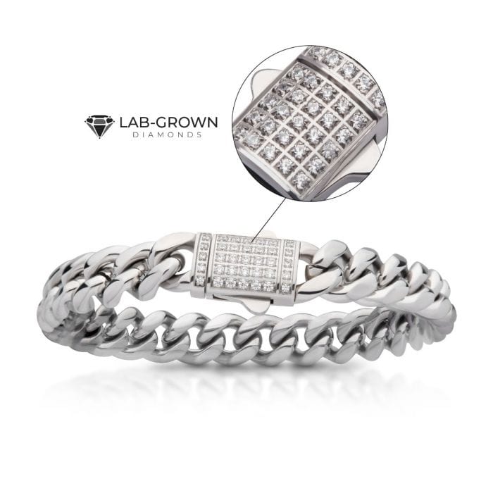 INOX JEWELRY Bracelets Lab Grown Diamond Silver Tone Stainless Steel 10mm Miami Cuban Chain Bracelet with Double Tab Box Clasp
