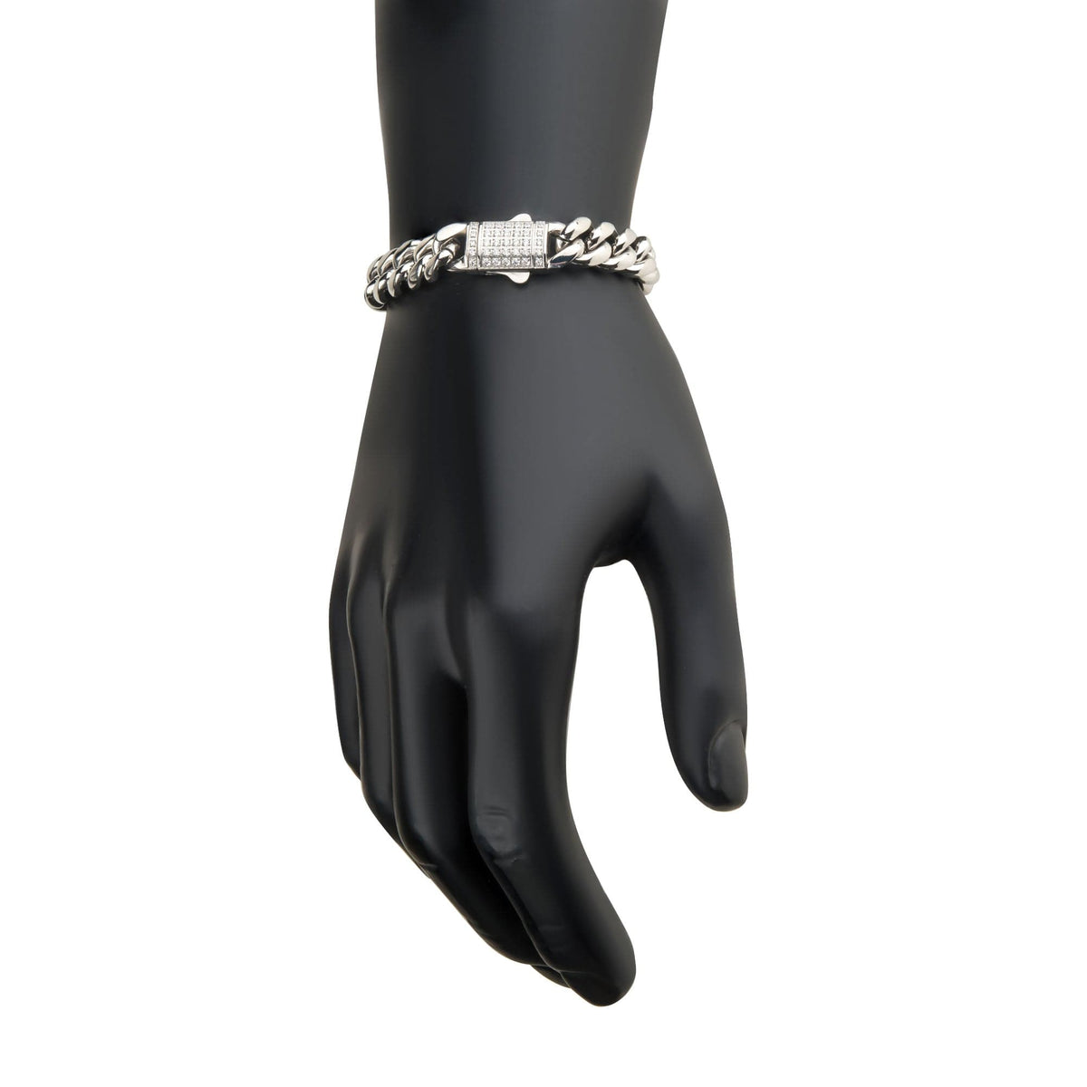 INOX JEWELRY Bracelets Lab Grown Diamond Silver Tone Stainless Steel 10mm Miami Cuban Chain Bracelet with Double Tab Box Clasp