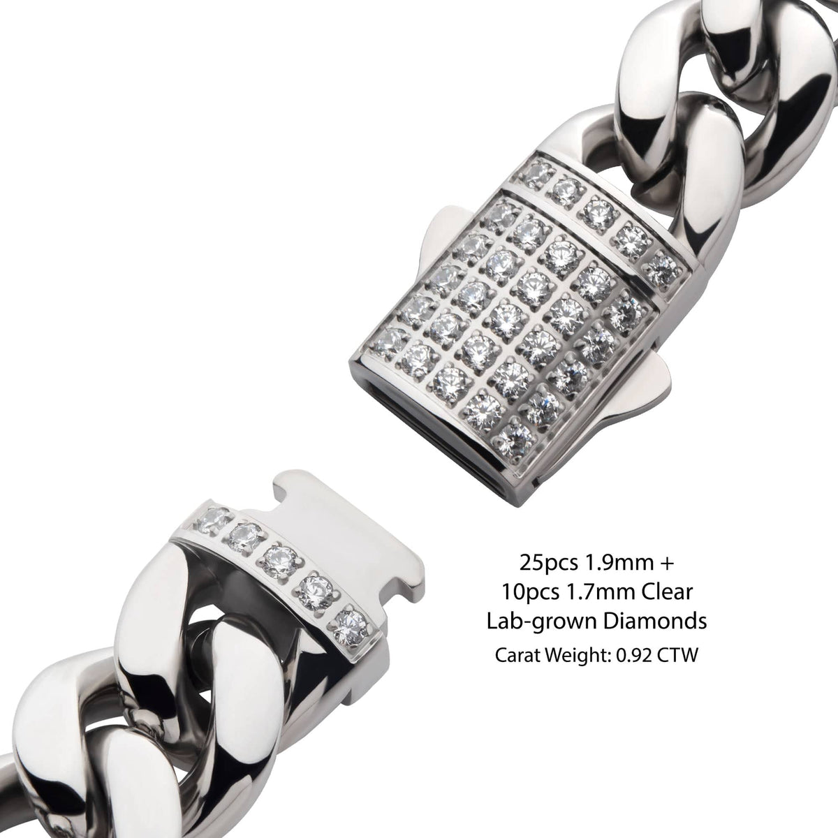 INOX JEWELRY Bracelets Lab Grown Diamond Silver Tone Stainless Steel 12mm Miami Cuban Chain Bracelet with Double Tab Box Clasp