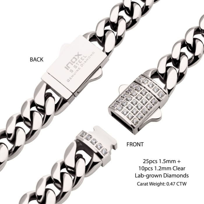 INOX JEWELRY Bracelets Lab Grown Diamond Silver Tone Stainless Steel 12mm Miami Cuban Chain Bracelet with Double Tab Box Clasp
