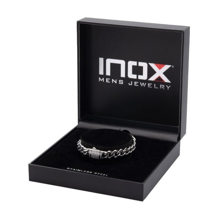 INOX JEWELRY Bracelets Lab Grown Diamond Silver Tone Stainless Steel 12mm Miami Cuban Chain Bracelet with Double Tab Box Clasp