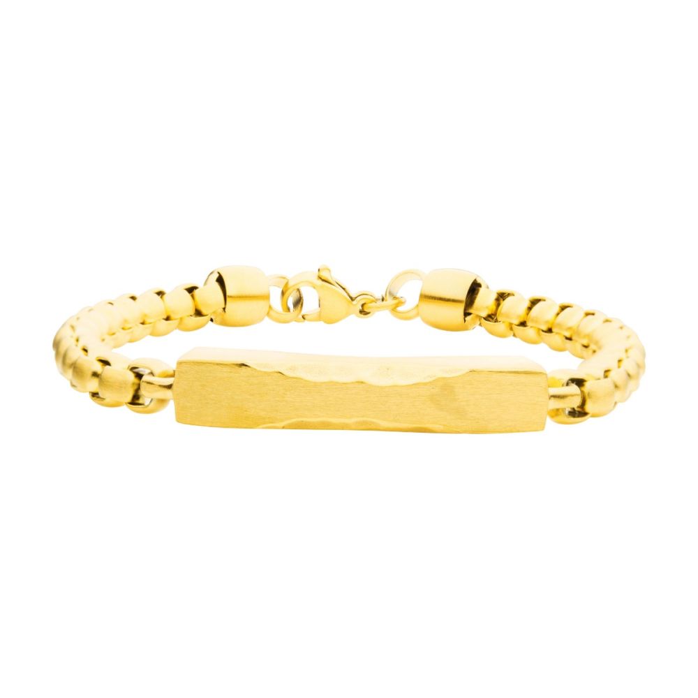 INOX JEWELRY Bracelets Matte 18Kt Gold IP Chiseled Engravable Drop with Bold Box Chain Bracelet BR39219GP