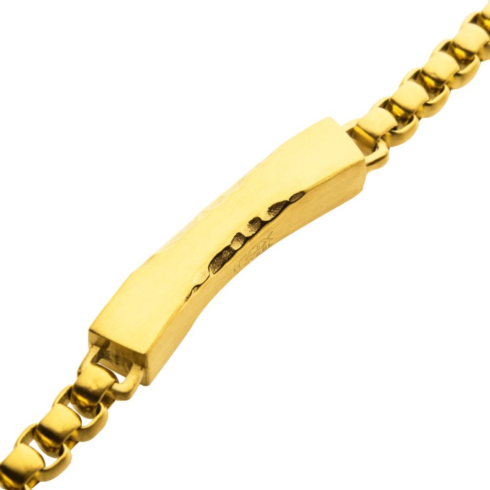 INOX JEWELRY Bracelets Matte 18Kt Gold IP Chiseled Engravable Drop with Bold Box Chain Bracelet BR39219GP