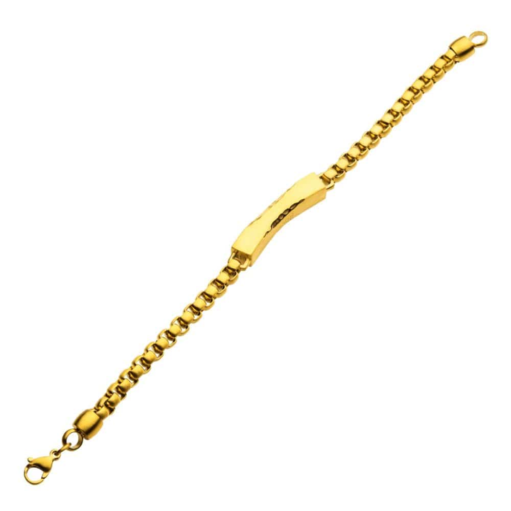 INOX JEWELRY Bracelets Matte 18Kt Gold IP Chiseled Engravable Drop with Bold Box Chain Bracelet BR39219GP