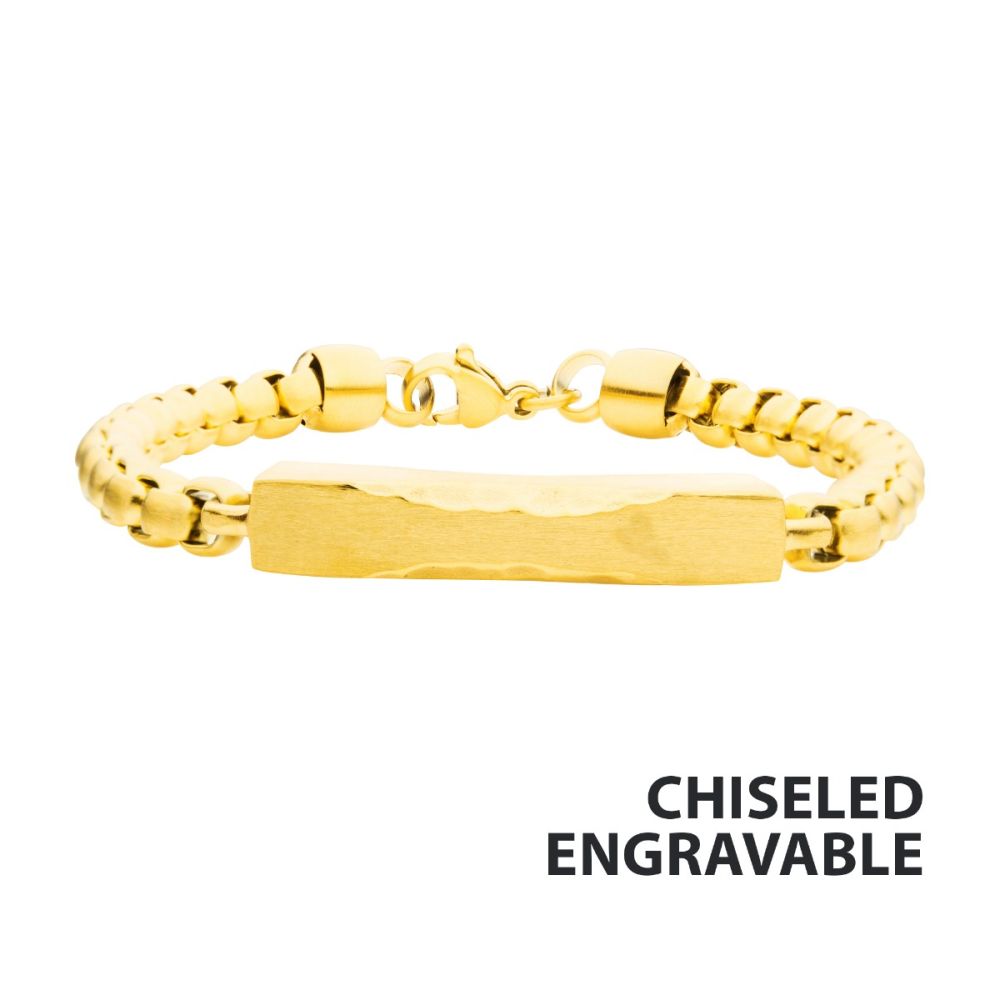 INOX JEWELRY Bracelets Matte 18Kt Gold IP Chiseled Engravable Drop with Bold Box Chain Bracelet BR39219GP
