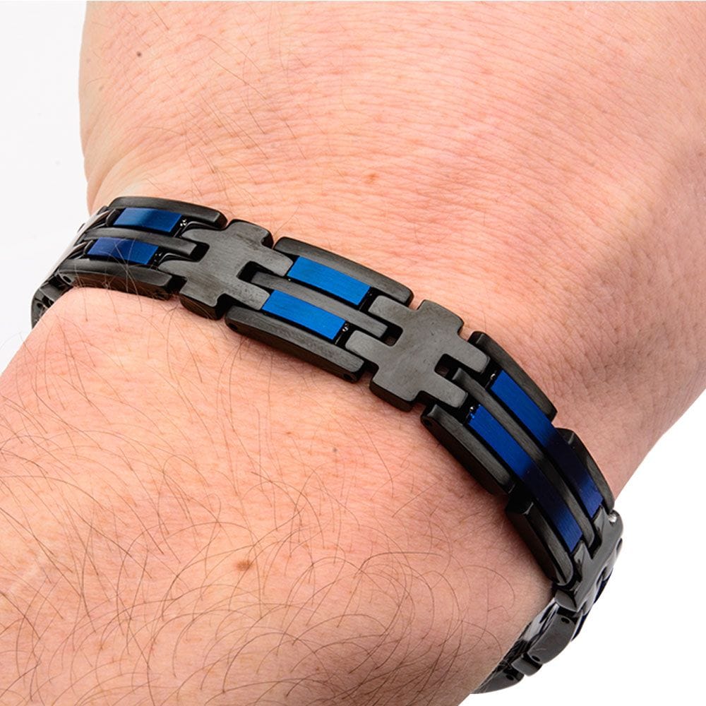 INOX JEWELRY Bracelets Matte Black & Blue IP Link Bracelet BR17834