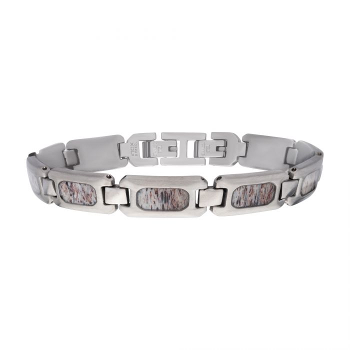 INOX JEWELRY Bracelets Matte Finish Silver Tone Stainless Steel Deer Antler Inlay Link Bracelet BR099