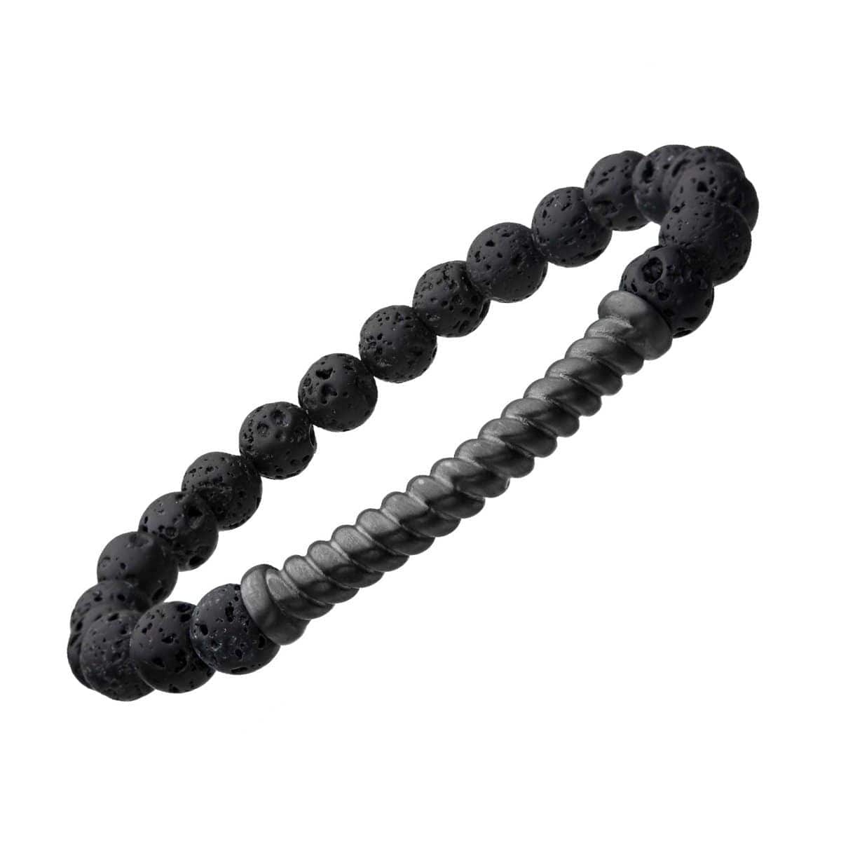INOX JEWELRY Bracelets Oxidized Finish Gunmetal Silver Tone Stainless Steel with Black Molten Lava Bead Twist Plate Stretch Bracelet BR30073GN
