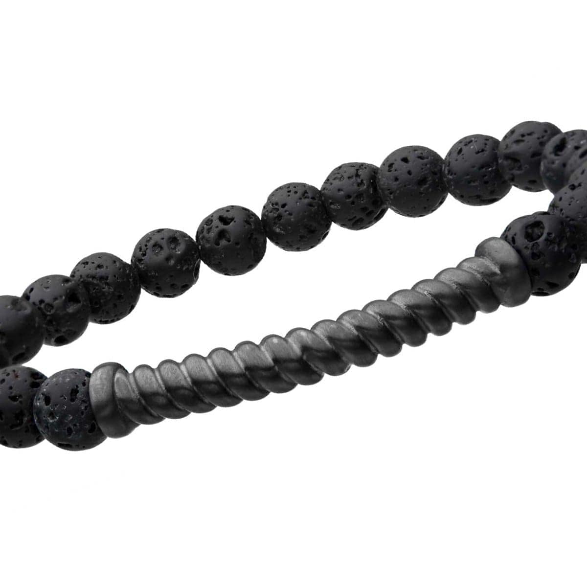 INOX JEWELRY Bracelets Oxidized Finish Gunmetal Silver Tone Stainless Steel with Black Molten Lava Bead Twist Plate Stretch Bracelet BR30073GN