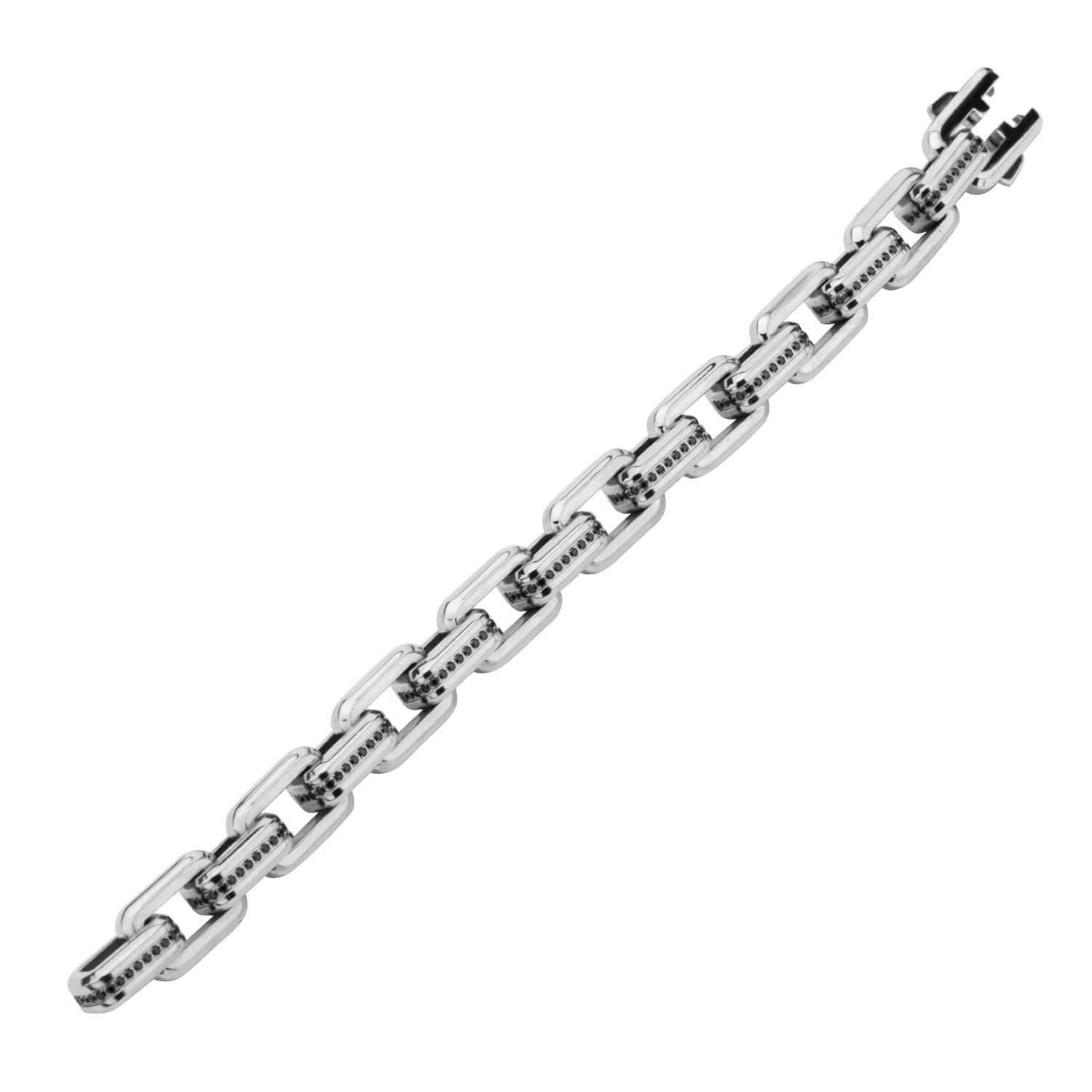 INOX JEWELRY Bracelets Silver Stainless Steel Large Square Link Black CZ Bracelet BR18348