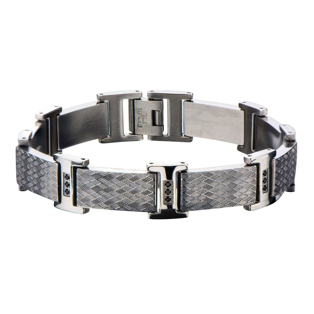 INOX JEWELRY Bracelets Silver Stainless Steel with Black CZ Argyle Link Bracelet BR19905