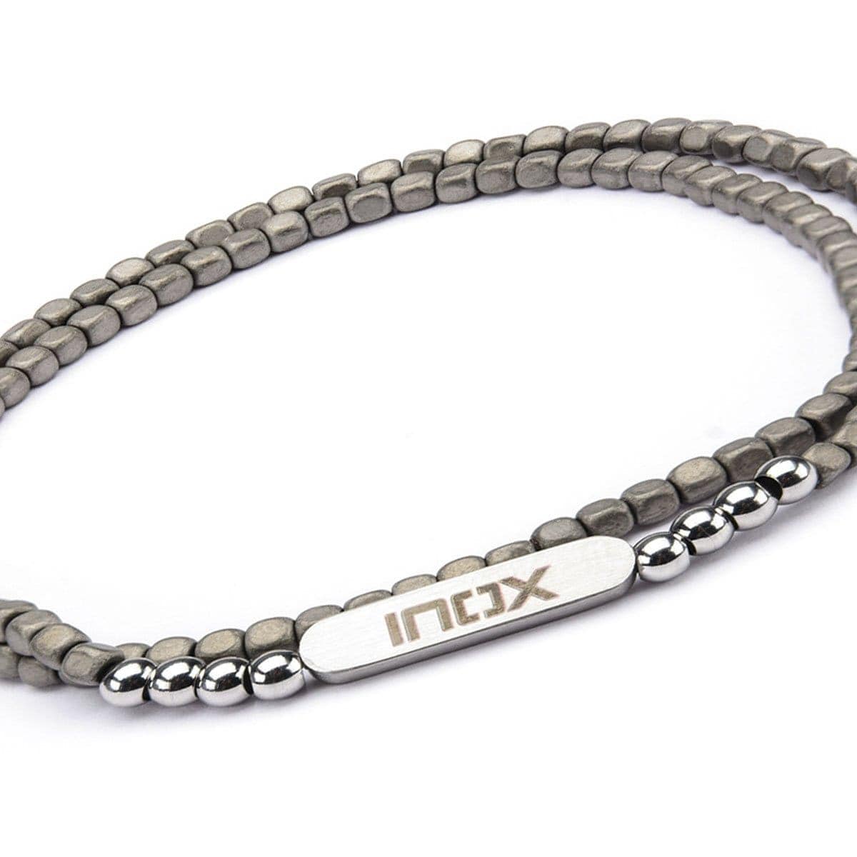 INOX JEWELRY Bracelets Silver Stainless Steel with Gray Hematite 6mm Cube Bead Stackable Bracelet BR621