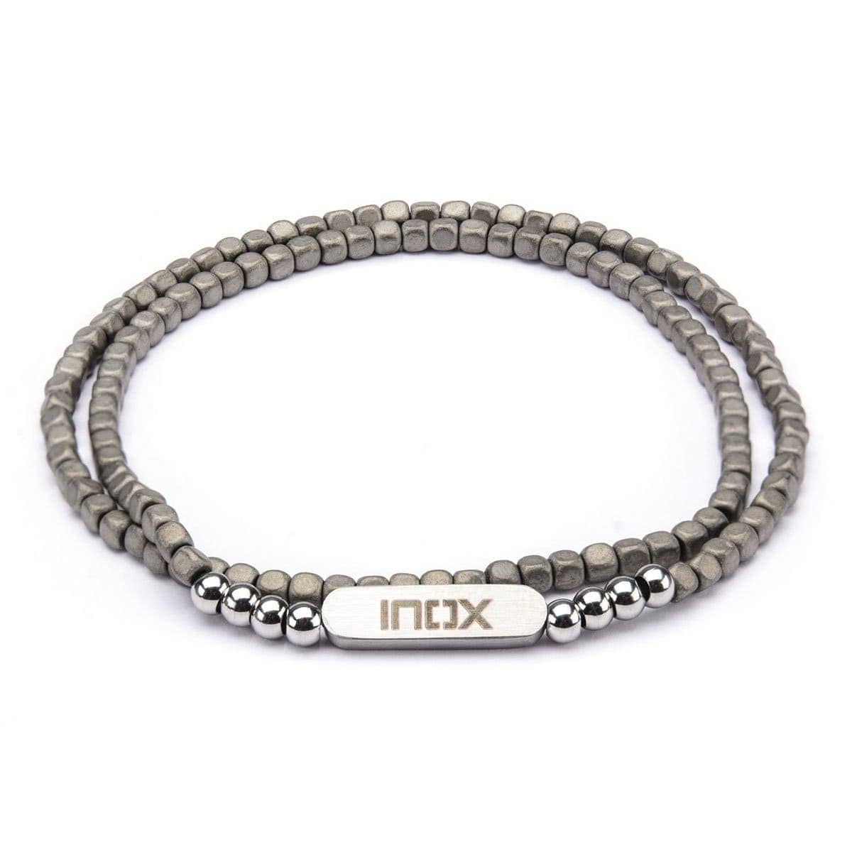 INOX JEWELRY Bracelets Silver Stainless Steel with Gray Hematite 6mm Cube Bead Stackable Bracelet BR621