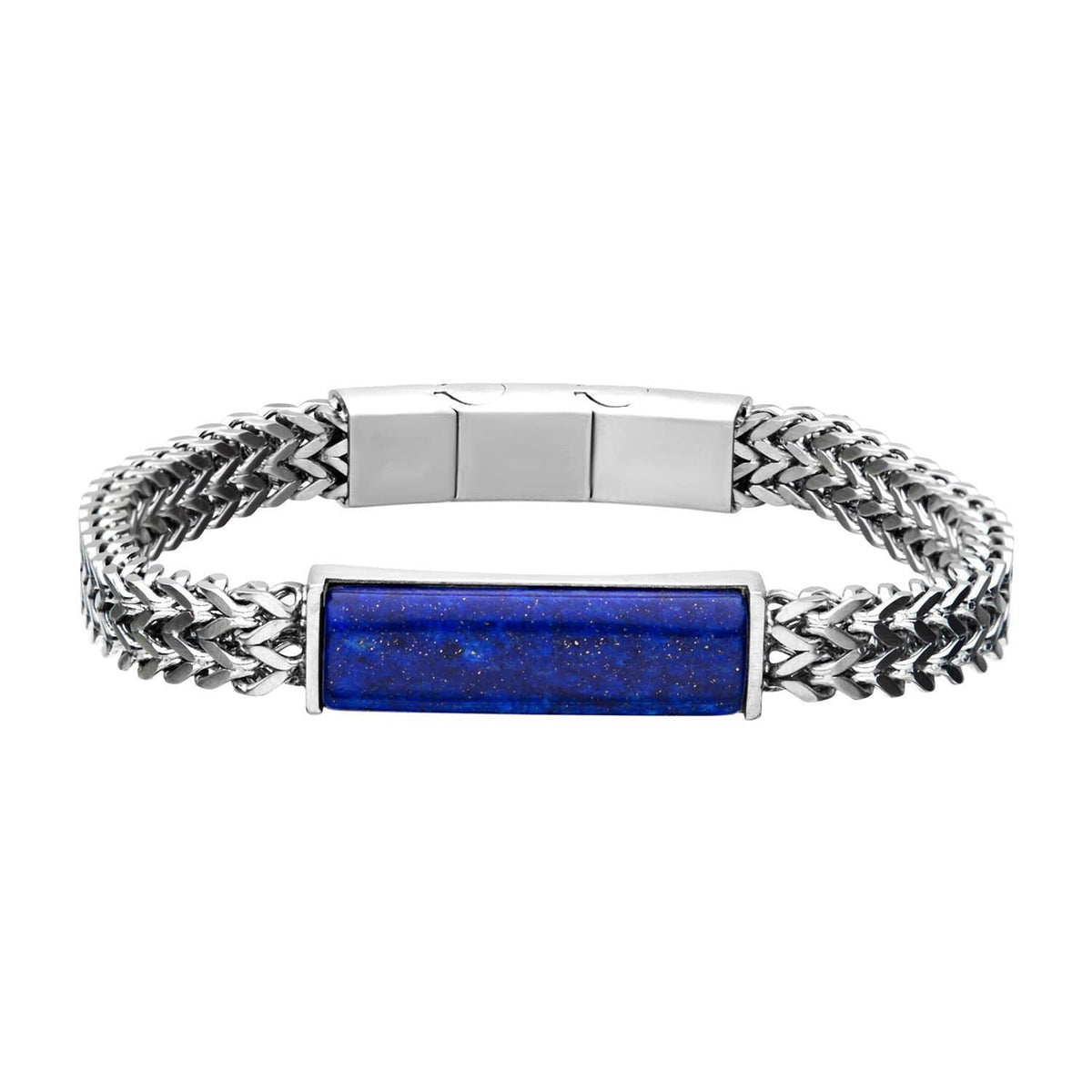 INOX JEWELRY Bracelets Silver Stainless Steel with Lapis Stone ID Tag Double Franco Chain Bracelet BR30268SLAP