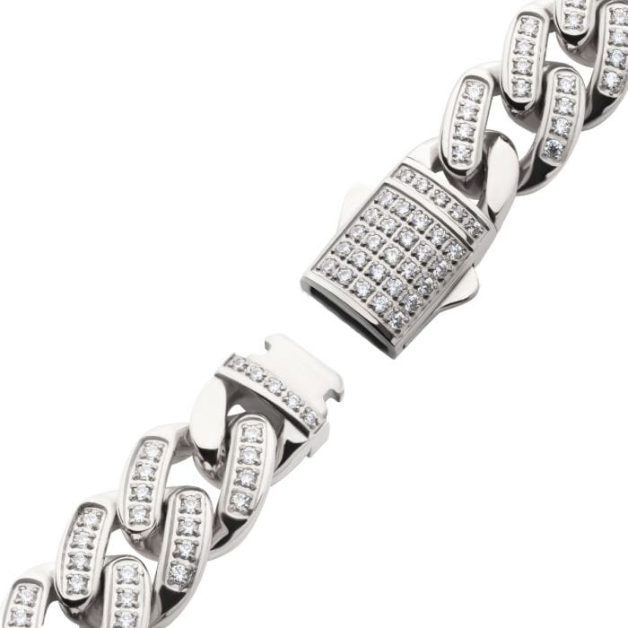 INOX JEWELRY Bracelets Silver Tone Stainless Steel 12mm Miami Cuban Chain Bracelet with CNC Precision Set Full CZ Double Tab Box Clasp NSTC2512-85