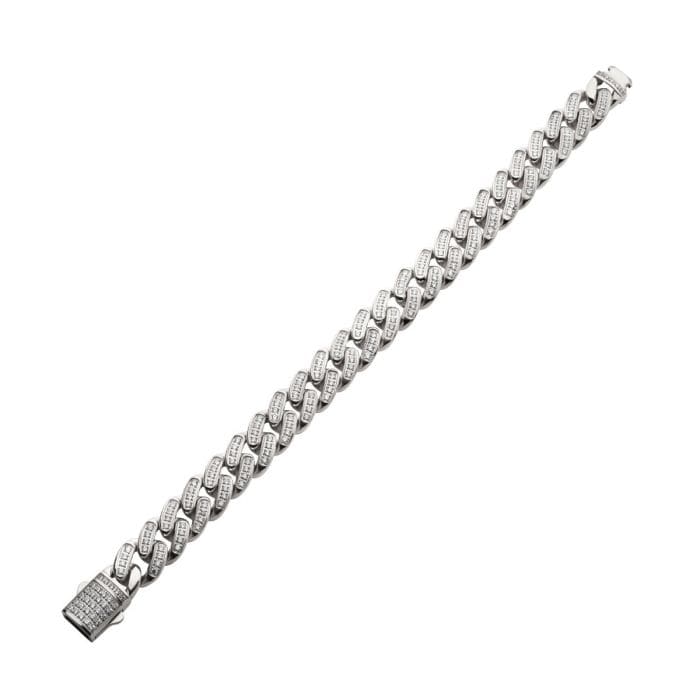 INOX JEWELRY Bracelets Silver Tone Stainless Steel 12mm Miami Cuban Chain Bracelet with CNC Precision Set Full CZ Double Tab Box Clasp NSTC2512-85