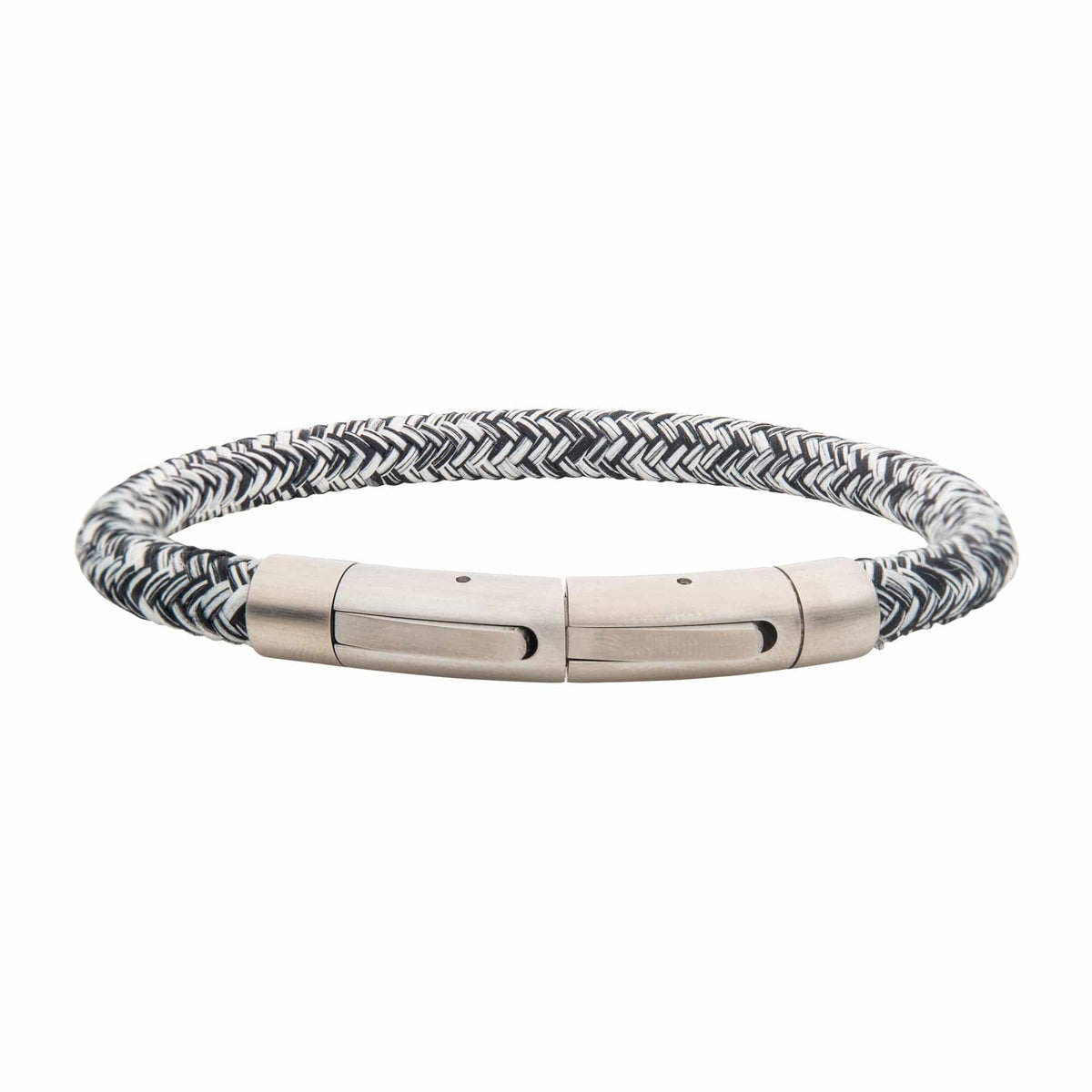 INOX JEWELRY Bracelets Silver Tone Stainless Steel 6mm Black and White Reflective Nylon Cord Bracelet BRNYLON-KW