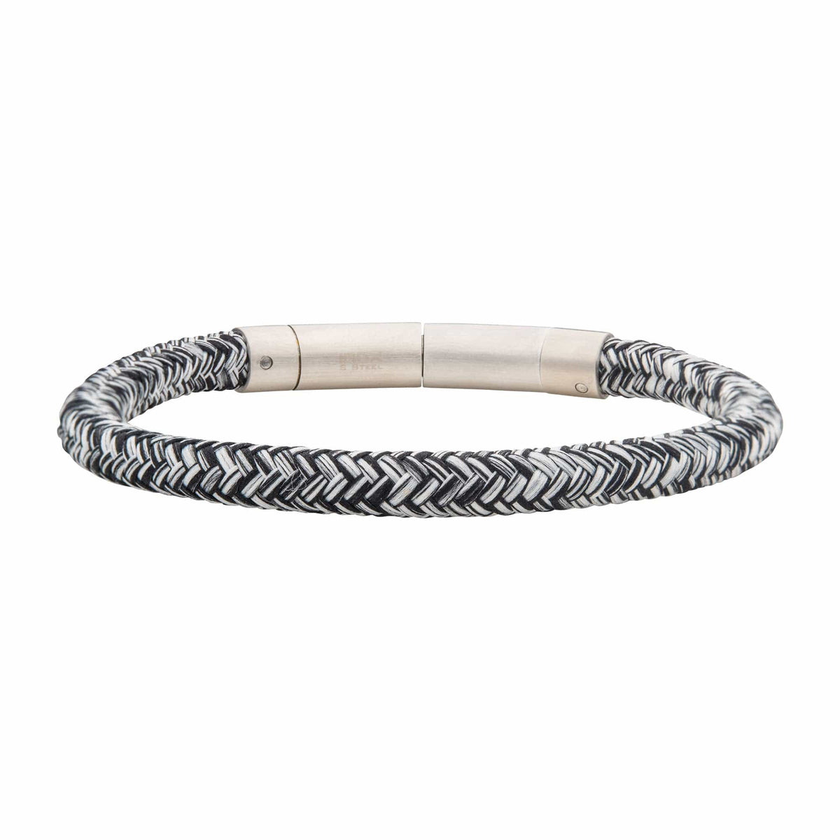 INOX JEWELRY Bracelets Silver Tone Stainless Steel 6mm Black and White Reflective Nylon Cord Bracelet BRNYLON-KW