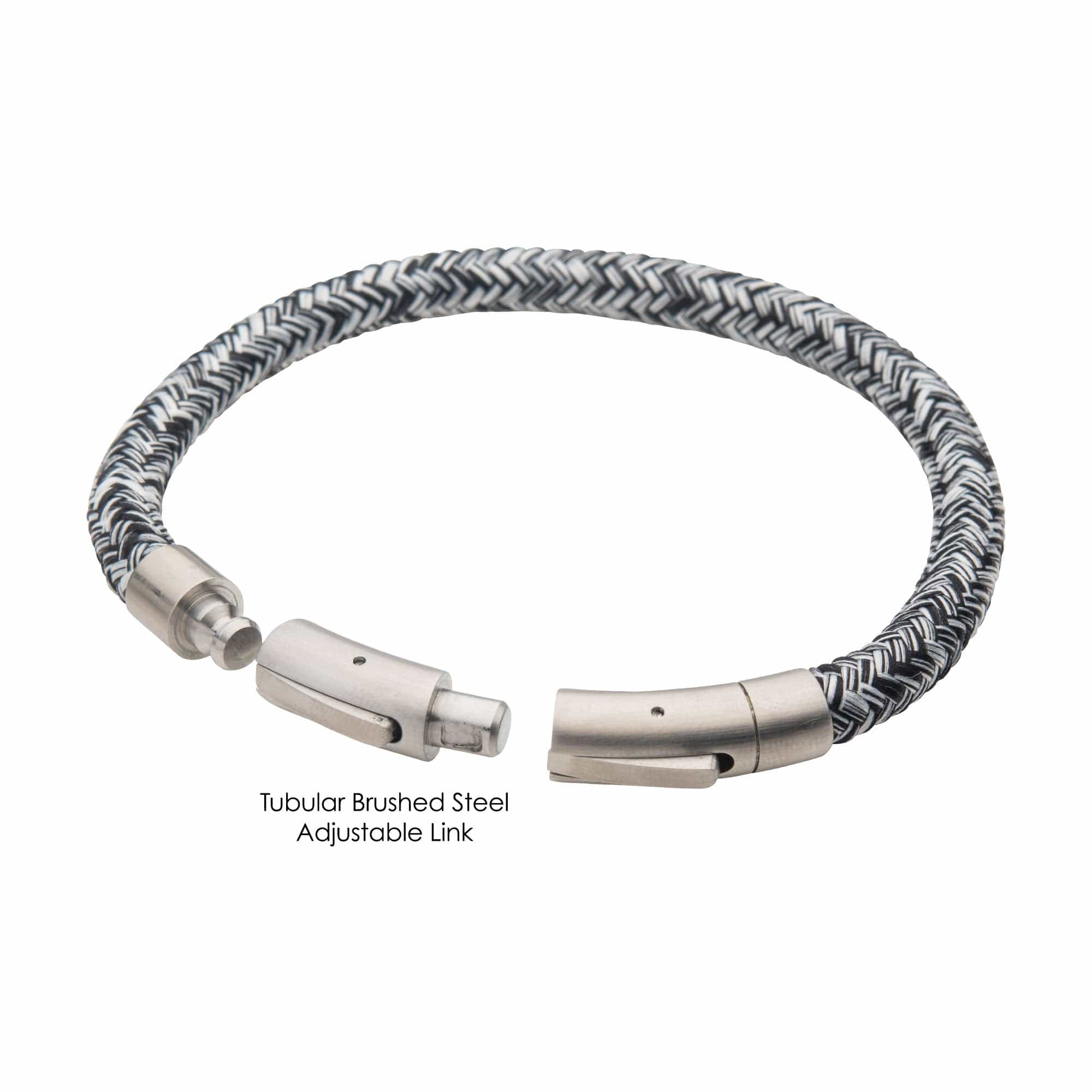 INOX JEWELRY Bracelets Silver Tone Stainless Steel 6mm Black and White Reflective Nylon Cord Bracelet BRNYLON-KW