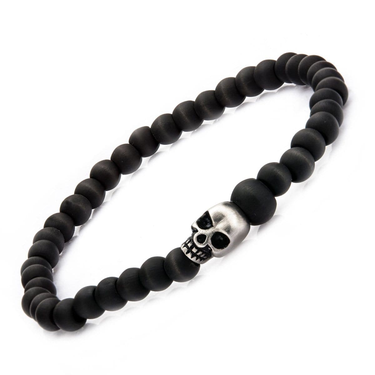 INOX JEWELRY Bracelets Silver Tone Stainless Steel and Black Carbon Fiber Bead Skull Bracelet BRL0735