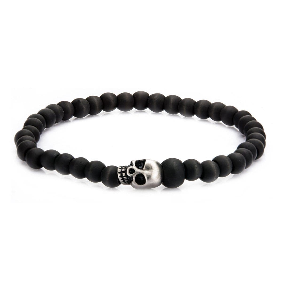 INOX JEWELRY Bracelets Silver Tone Stainless Steel and Black Carbon Fiber Bead Skull Bracelet BRL0735