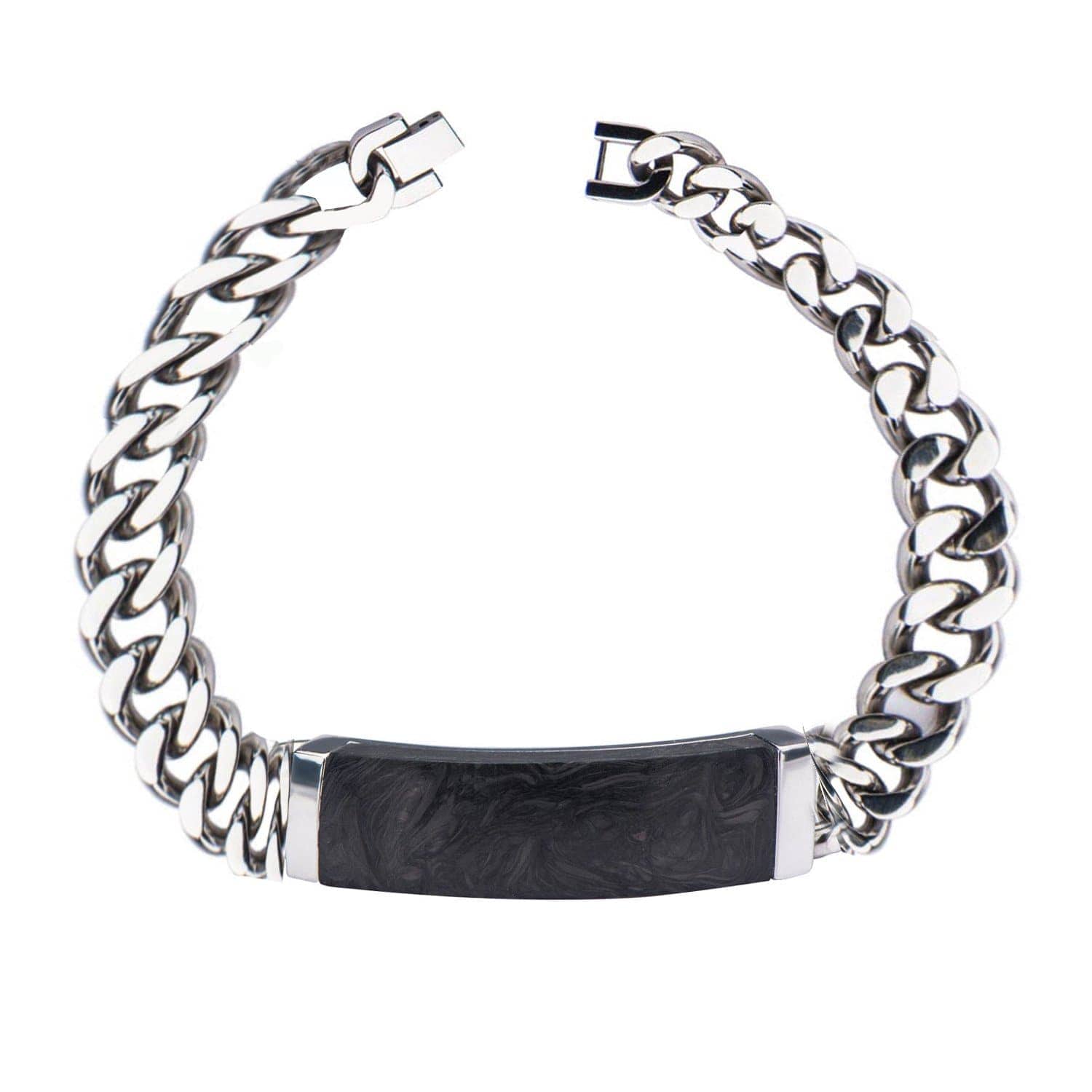 INOX JEWELRY Bracelets Silver Tone Stainless Steel and Black Carbon Graphite ID Bracelet BRCF0017