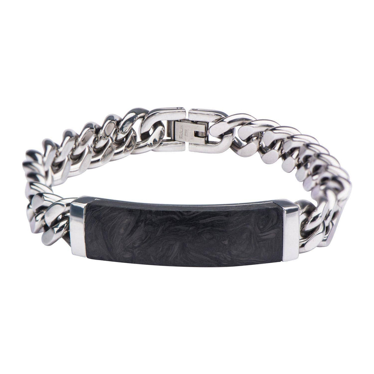 INOX JEWELRY Bracelets Silver Tone Stainless Steel and Black Carbon Graphite ID Bracelet BRCF0017