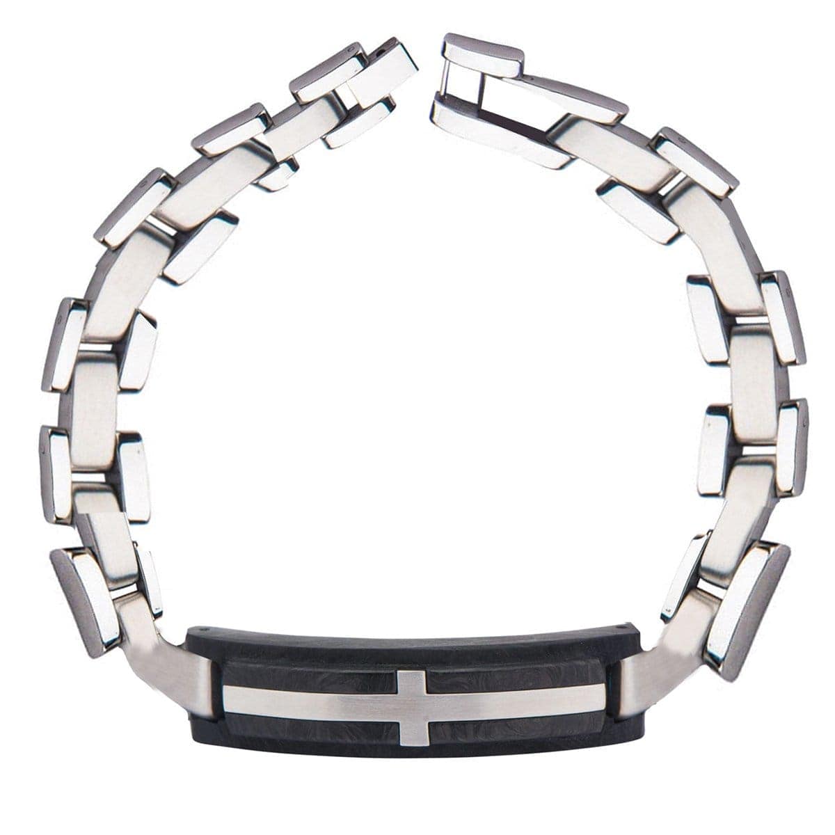 INOX JEWELRY Bracelets Silver Tone Stainless Steel and Black Carbon Graphite with Inlayed Cross ID Bracelet BRCF0015