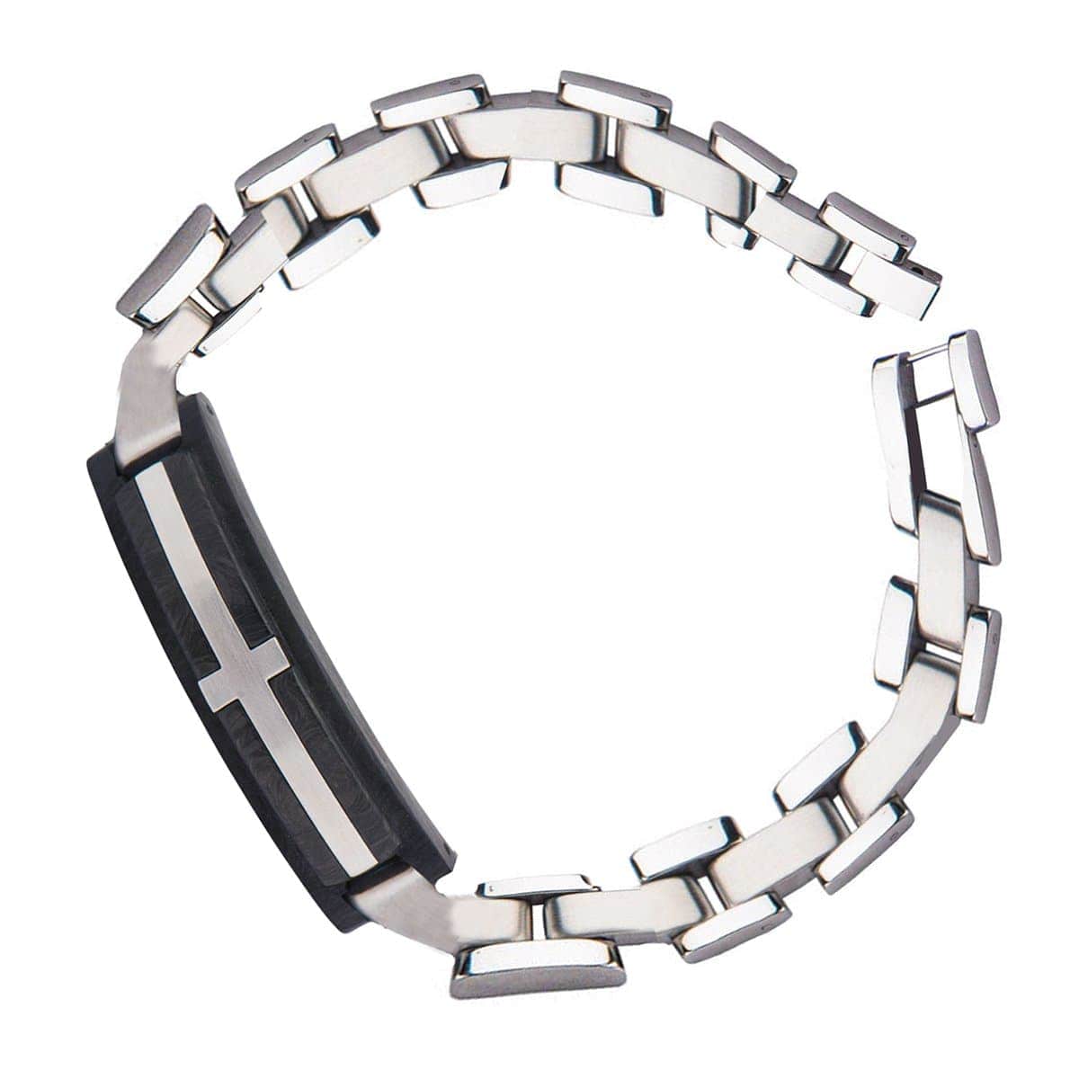 INOX JEWELRY Bracelets Silver Tone Stainless Steel and Black Carbon Graphite with Inlayed Cross ID Bracelet BRCF0015