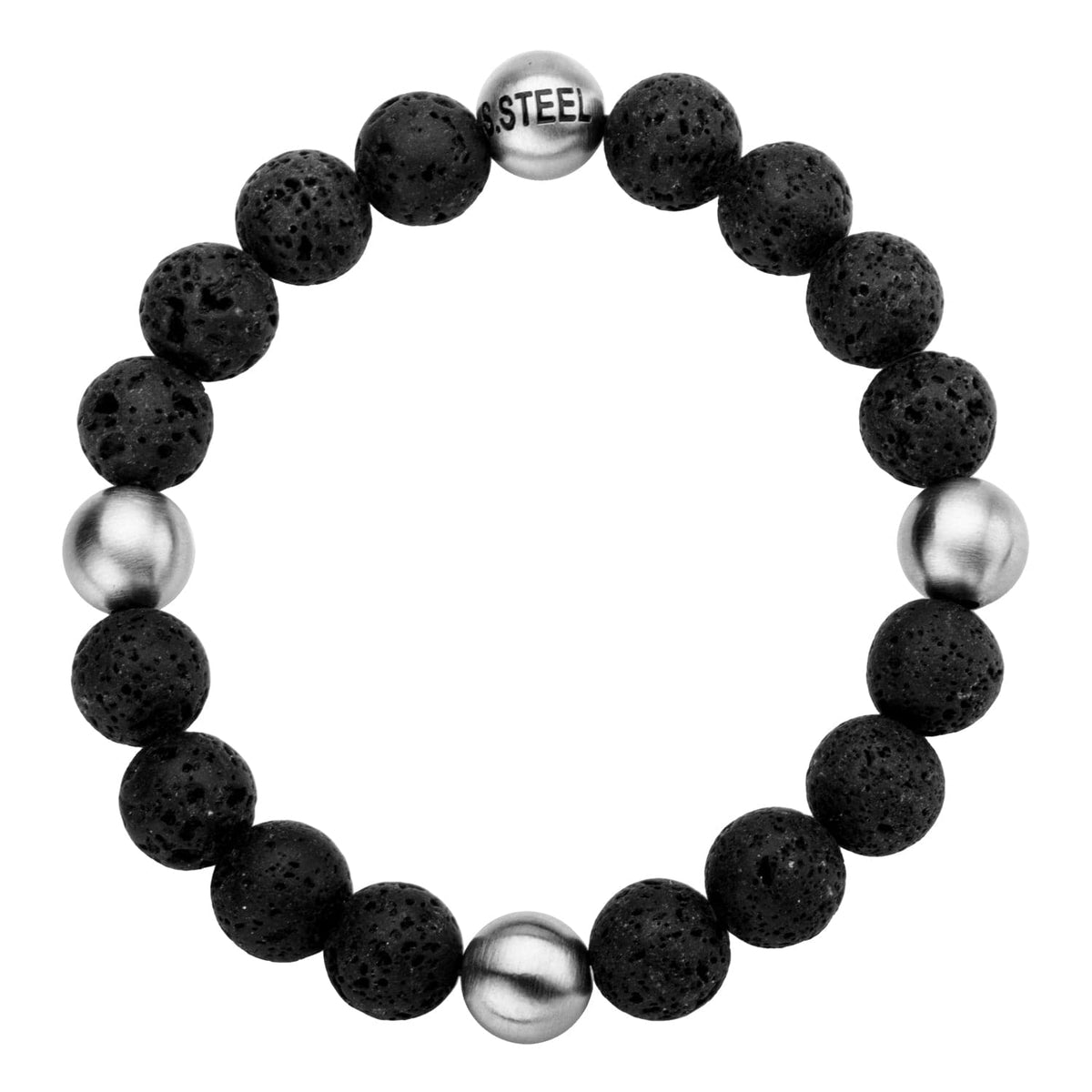 INOX JEWELRY Bracelets Silver Tone Stainless Steel and Black Lava Satin Stretch Bracelet BR5140