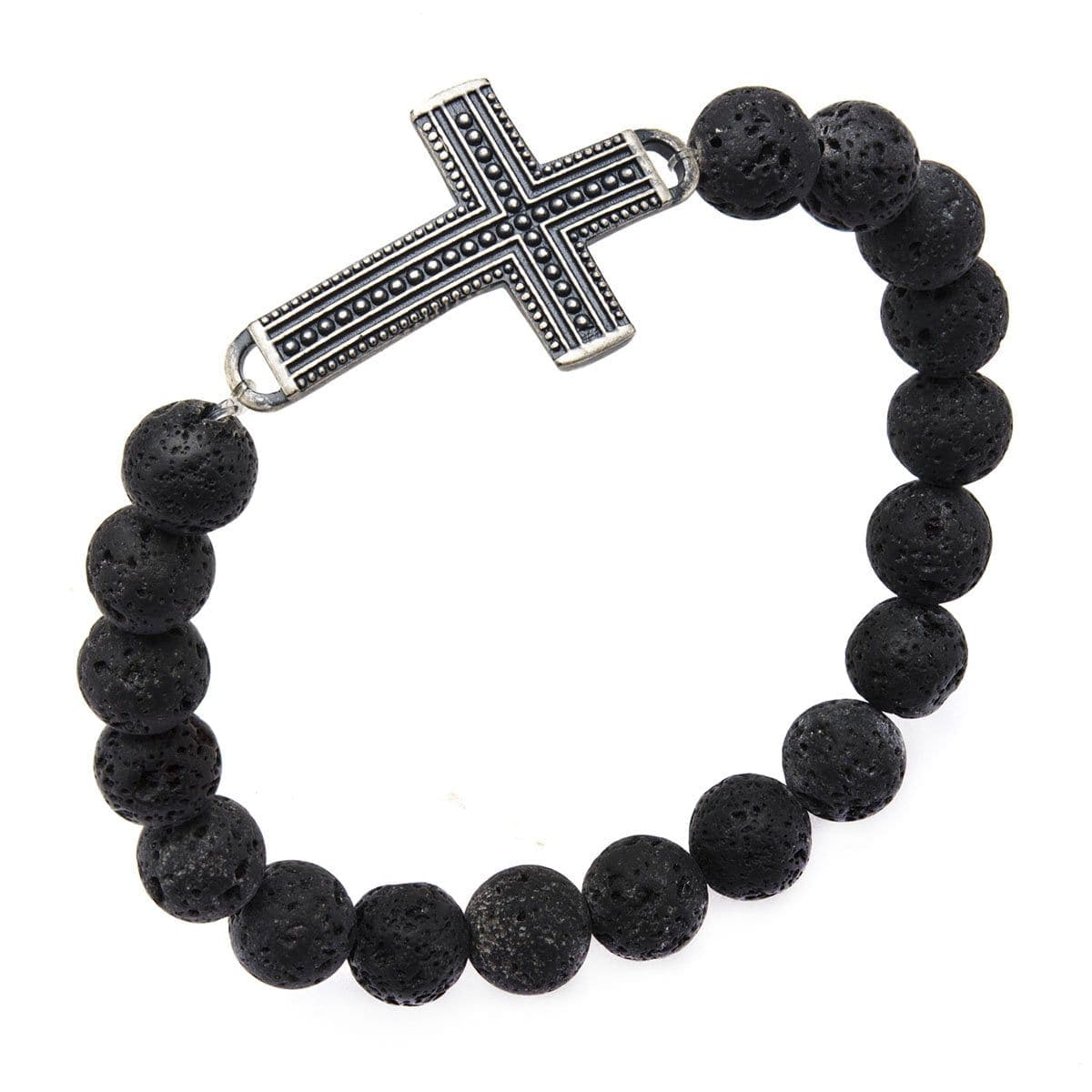 INOX JEWELRY Bracelets Silver Tone Stainless Steel and Black Molten Lava Bead Religious Cross Bracelet BR20716AS
