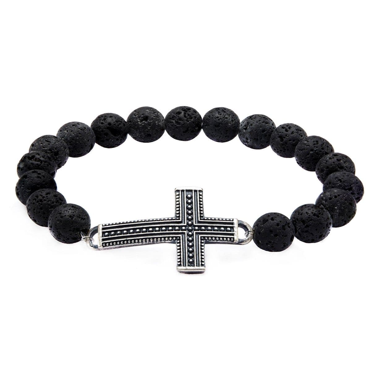 INOX JEWELRY Bracelets Silver Tone Stainless Steel and Black Molten Lava Bead Religious Cross Bracelet BR20716AS