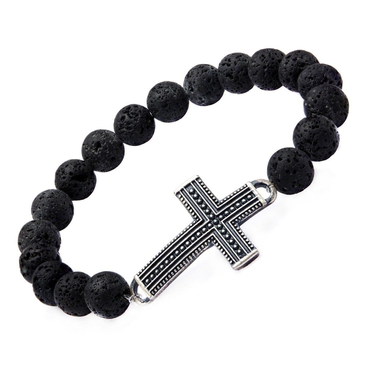 INOX JEWELRY Bracelets Silver Tone Stainless Steel and Black Molten Lava Bead Religious Cross Bracelet BR20716AS