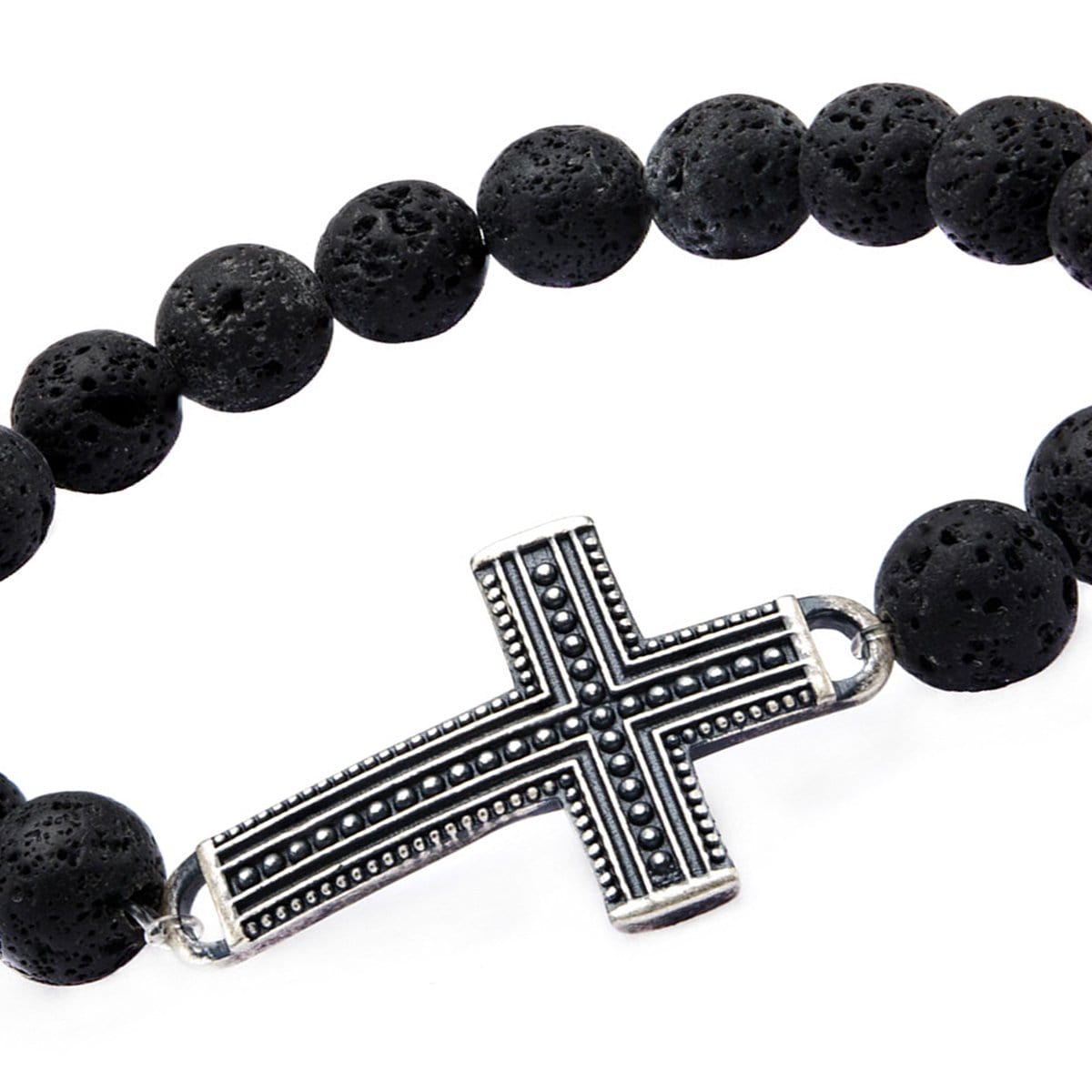 INOX JEWELRY Bracelets Silver Tone Stainless Steel and Black Molten Lava Bead Religious Cross Bracelet BR20716AS