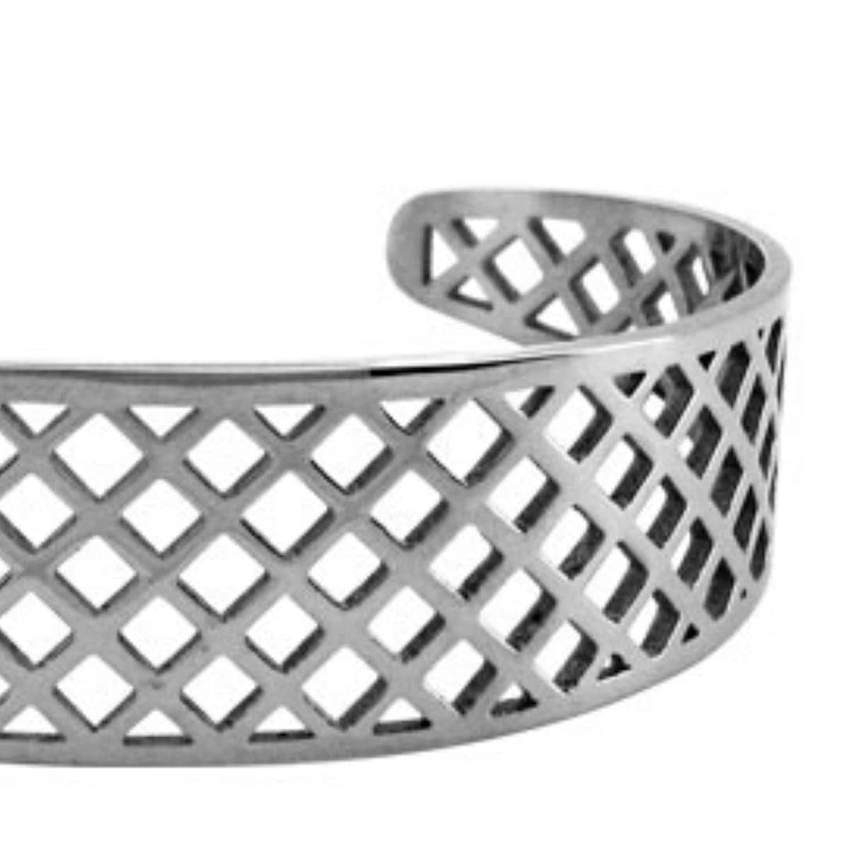 INOX JEWELRY Bracelets Silver Tone Stainless Steel Basket Weave Cut-Out Cuff Kadaa BR3097