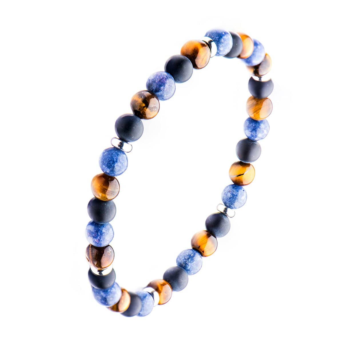 INOX JEWELRY Bracelets Silver Tone Stainless Steel, Black Agate, Blue Coral and Tiger's Eye Stone 6mm Bead Stackable Bracelet BRSS001M