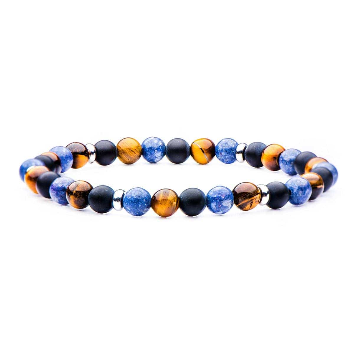INOX JEWELRY Bracelets Silver Tone Stainless Steel, Black Agate, Blue Coral and Tiger's Eye Stone 6mm Bead Stackable Bracelet BRSS001M
