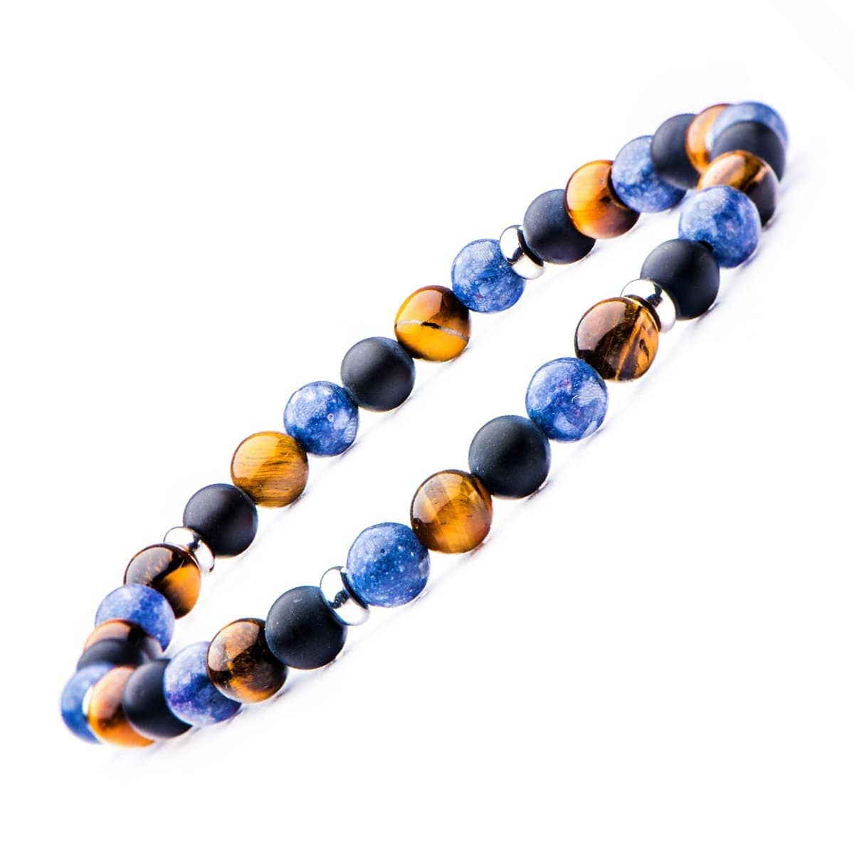INOX JEWELRY Bracelets Silver Tone Stainless Steel, Black Agate, Blue Coral and Tiger's Eye Stone 6mm Bead Stackable Bracelet BRSS001M