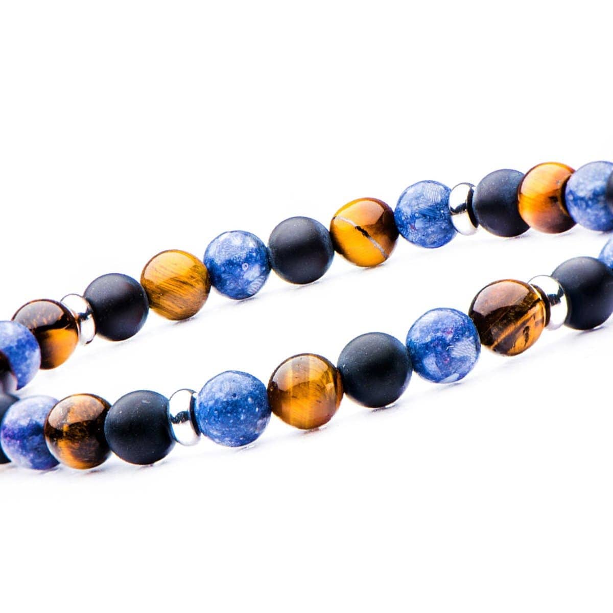 INOX JEWELRY Bracelets Silver Tone Stainless Steel, Black Agate, Blue Coral and Tiger's Eye Stone 6mm Bead Stackable Bracelet BRSS001M