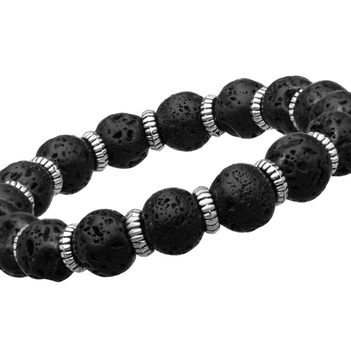 INOX JEWELRY Bracelets Silver Tone Stainless Steel Black Molten Lava Bead Bracelet BR136