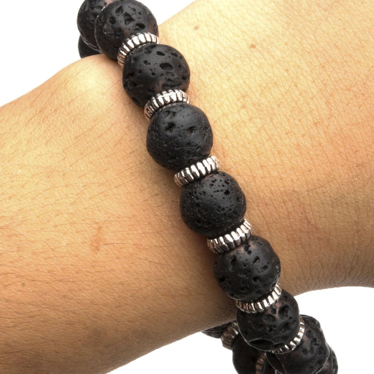 INOX JEWELRY Bracelets Silver Tone Stainless Steel Black Molten Lava Bead Bracelet BR136