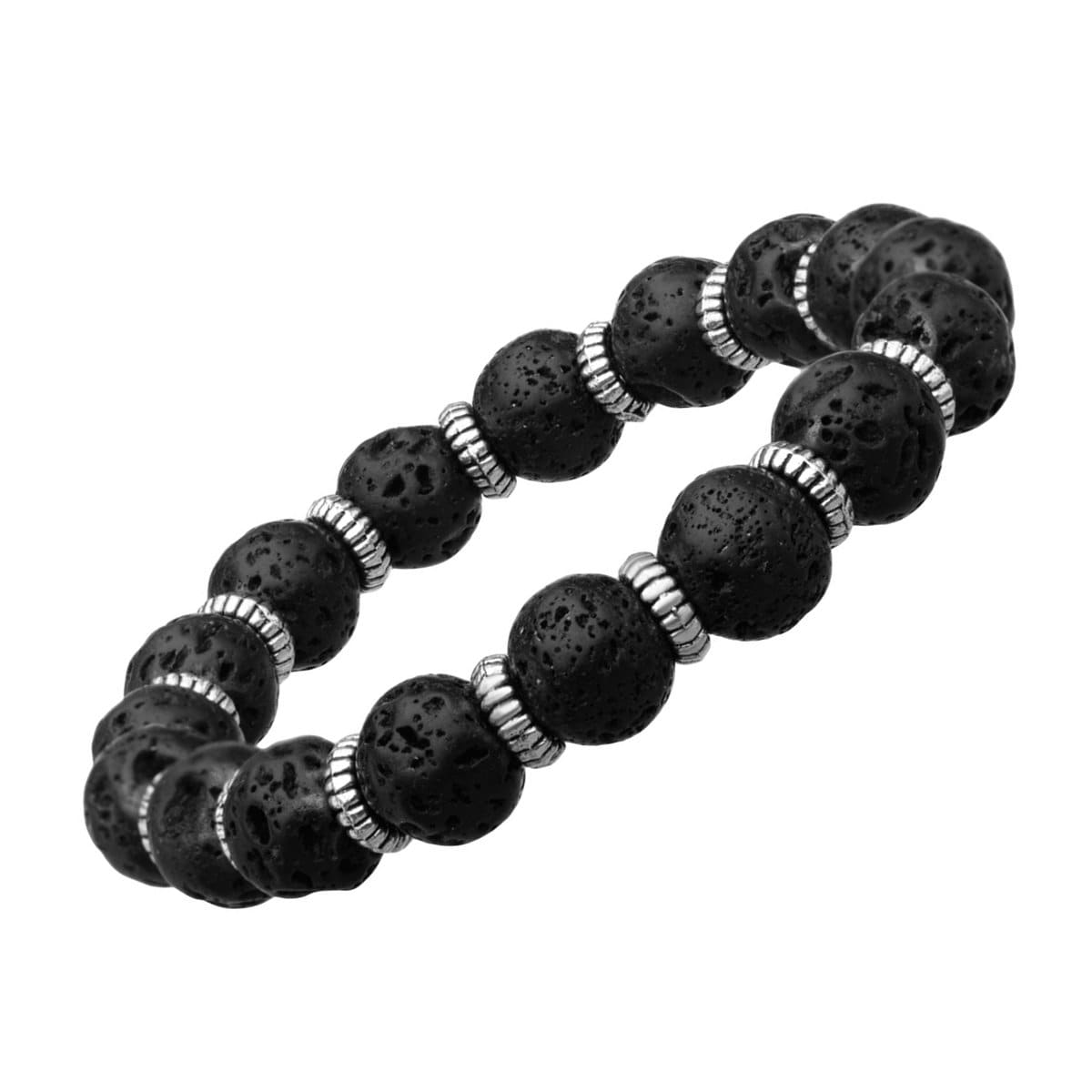 INOX JEWELRY Bracelets Silver Tone Stainless Steel Black Molten Lava Bead Bracelet BR136