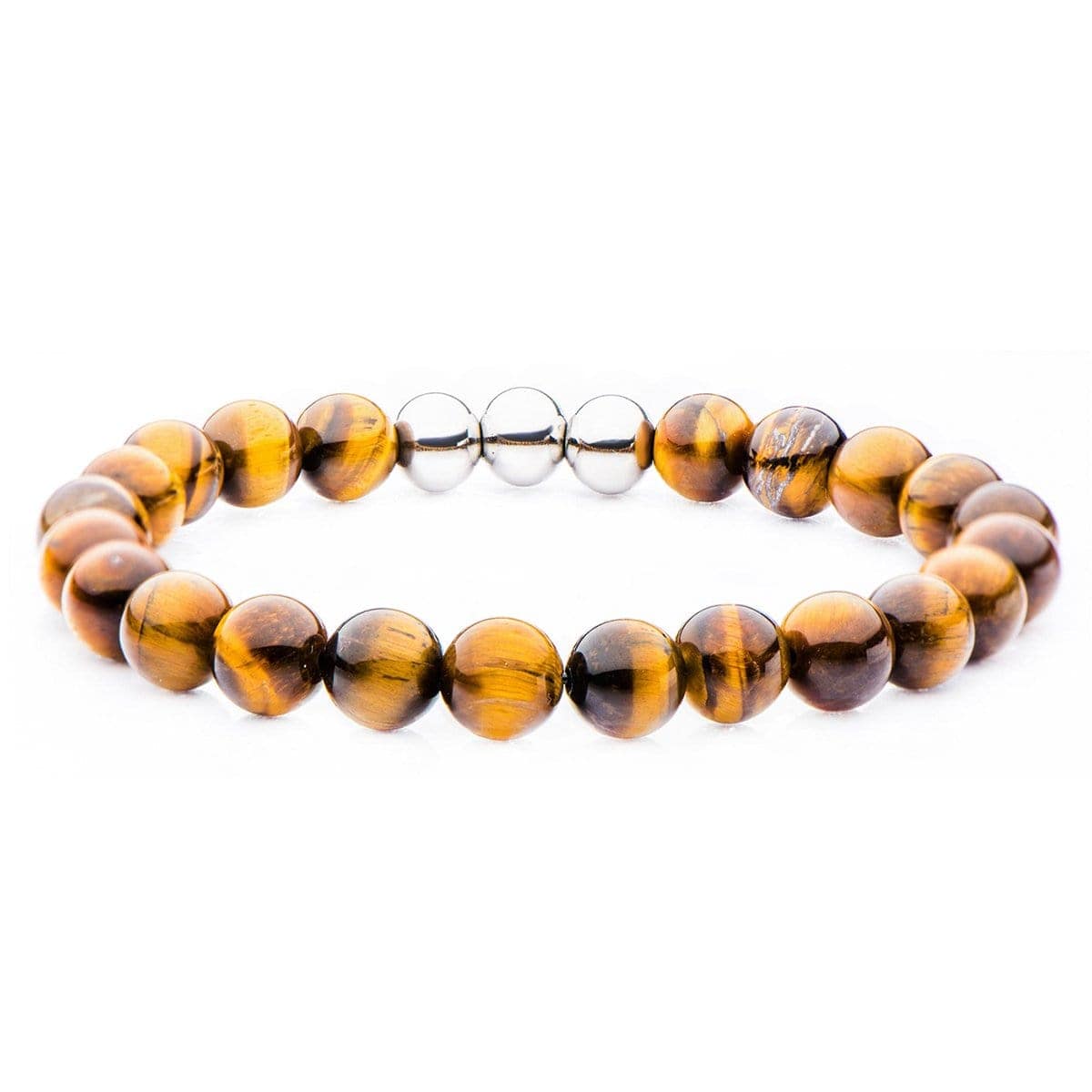 INOX JEWELRY Bracelets Silver Tone Stainless Steel & Brown Tiger's Eye 8mm Bead Expandable Bracelet BRR4113