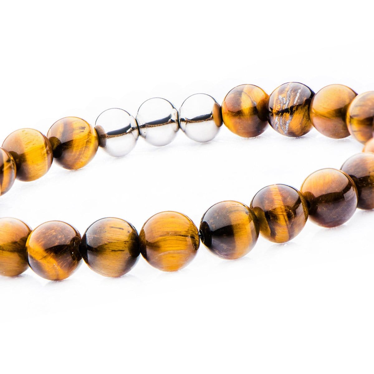 INOX JEWELRY Bracelets Silver Tone Stainless Steel & Brown Tiger's Eye 8mm Bead Expandable Bracelet BRR4113