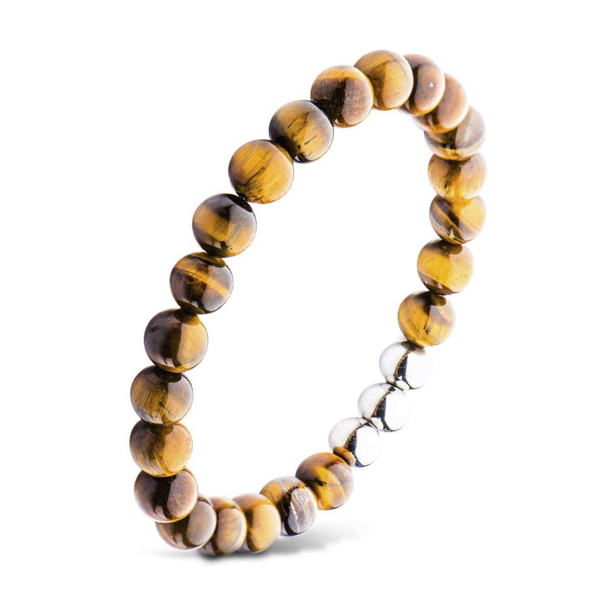 INOX JEWELRY Bracelets Silver Tone Stainless Steel & Brown Tiger's Eye 8mm Bead Expandable Bracelet BRR4113