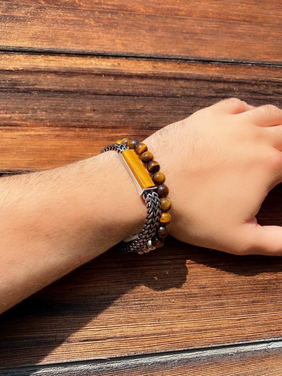 INOX JEWELRY Bracelets Silver Tone Stainless Steel & Brown Tiger's Eye 8mm Bead Expandable Bracelet BRR4113