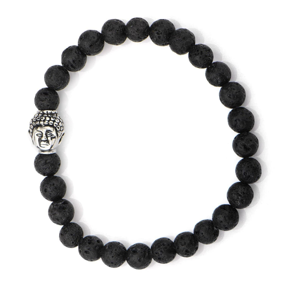 INOX JEWELRY Bracelets Silver Tone Stainless Steel Buddha on Black Lava Satin Stretch Bracelet BR5149