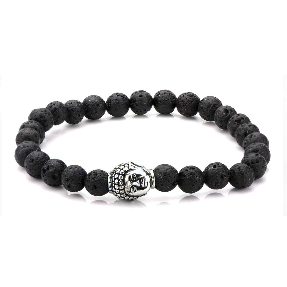 INOX JEWELRY Bracelets Silver Tone Stainless Steel Buddha on Black Lava Satin Stretch Bracelet BR5149